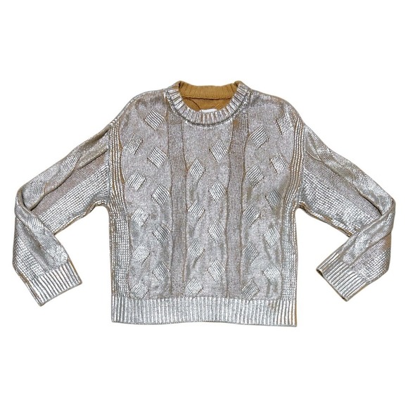 Pistola Everly Foil Accent Metallic Cable Knit Cotton Crewneck Sweater Size XS - Picture 4 of 9